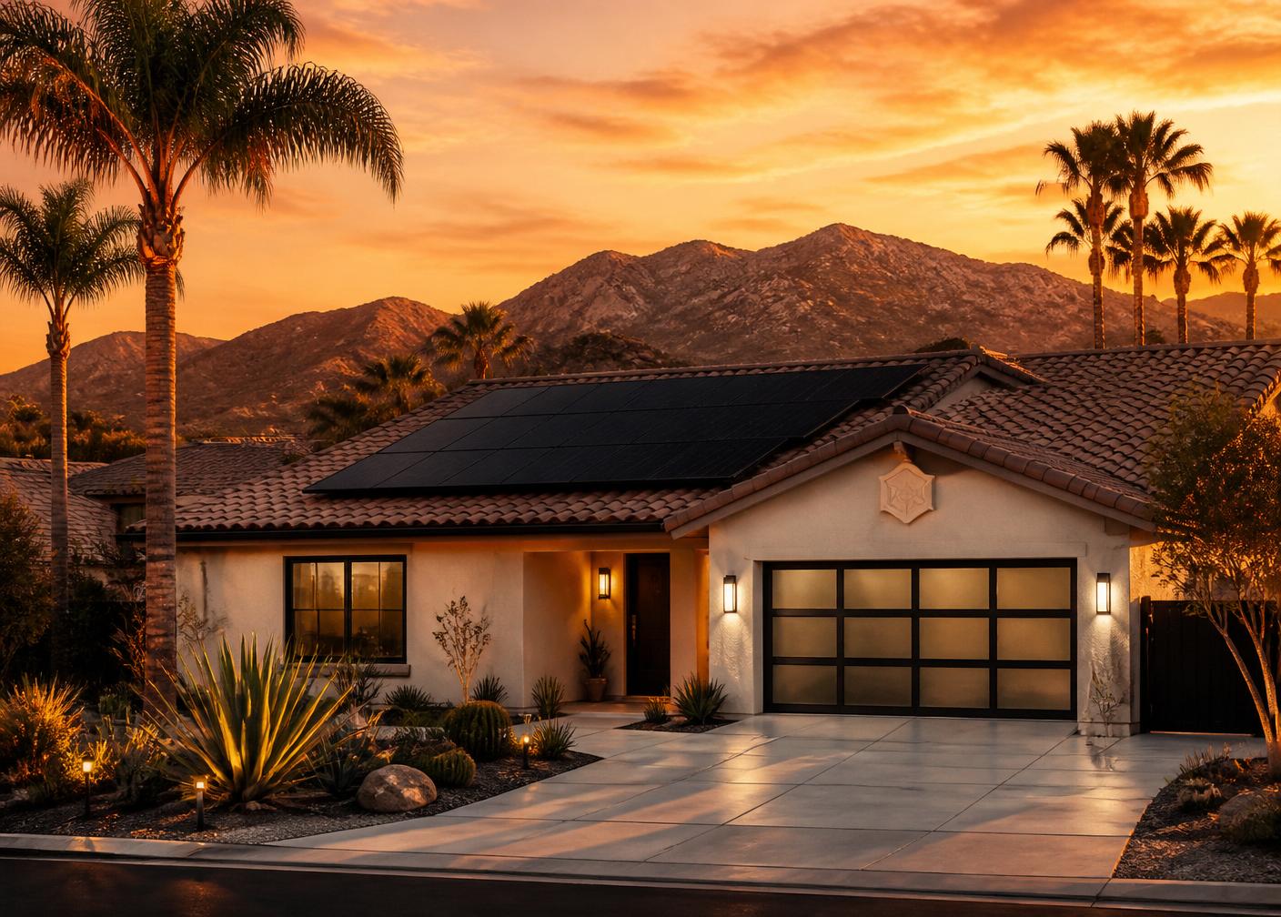 Modern El Cajon home with black solar panels on a Spanish tile roof at sunset, desert landscaping, and East County mountains behind
