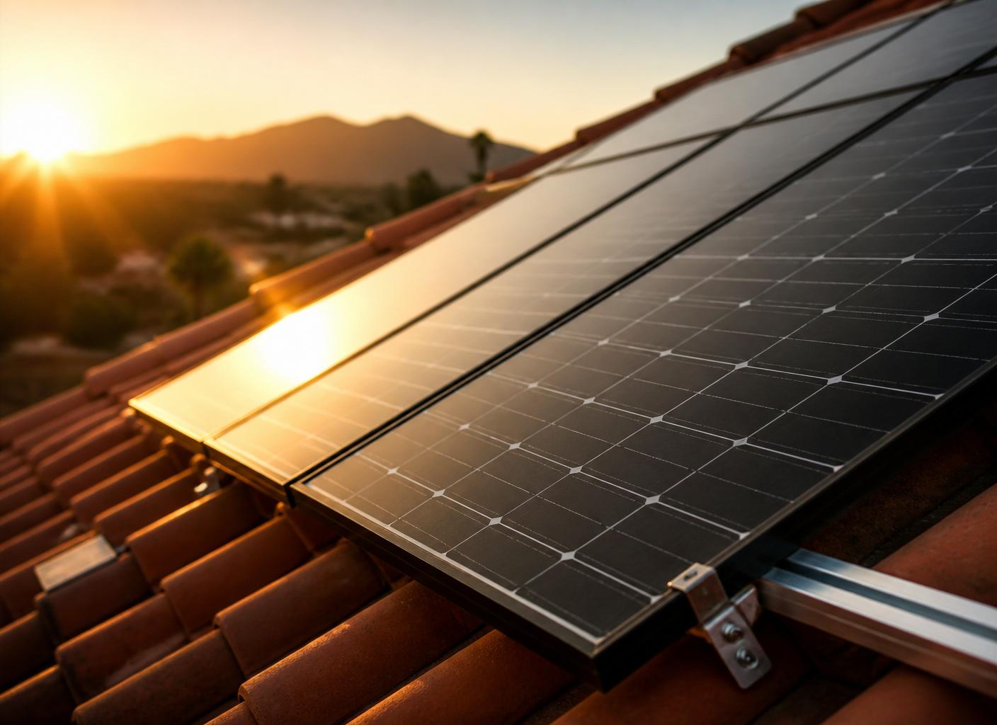 Close up detail of black monocrystalline solar panels mounted on a Spanish tile roof in El Cajon with East County mountains at golden hour