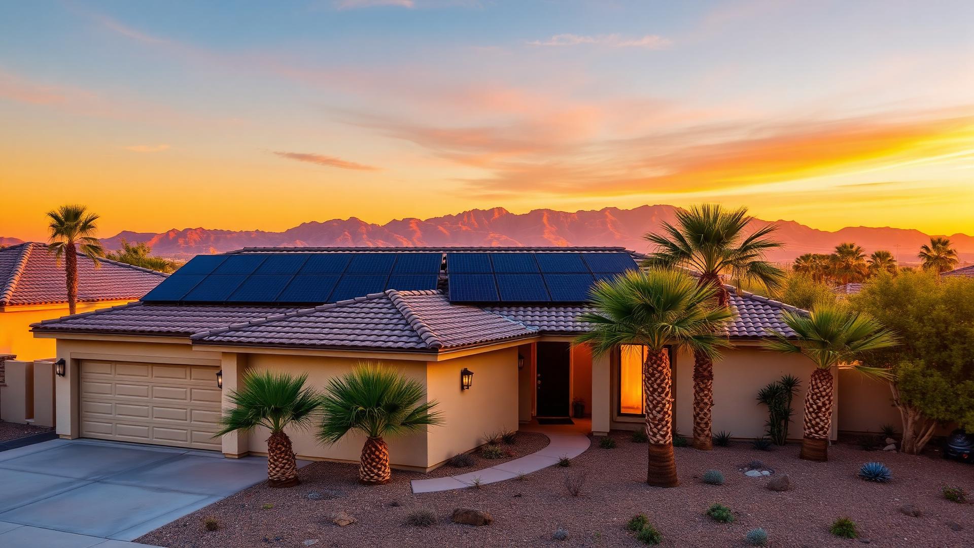 El Cajon home at golden hour with black solar panels on a Spanish tile roof and East County mountains behind it